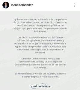 Comunicado de Leonel Fernández sobre declaraciones de Felucho.