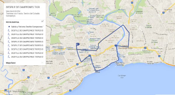 Este es el mapa de la ruta del desfile de los Tigres del Licey.