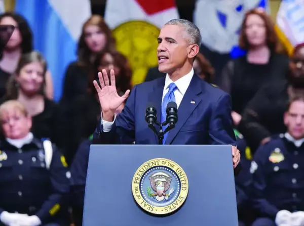 US President Barack Obama delivers remarks at an interfaith memorial service with the families of the fallen Dallas police officers.