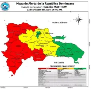 COE:  15 provincias en alerta roja, 9 en amarilla y 7 en verde por Matthew