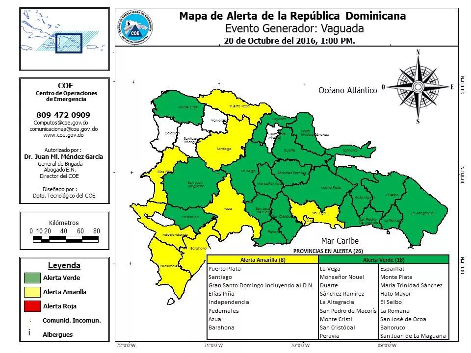 COE eleva a 8 las provincias en alerta amarilla y a 18 en verde