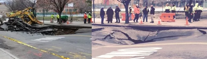 Se abre calle en el Alto Manhattan y se traga dos vehículos