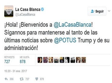 La Casa Blanca emite su primer mensaje en español en su cuenta de twitter