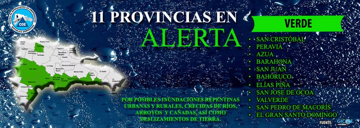 COE declara alerta verde para 11 provincias por lluvias