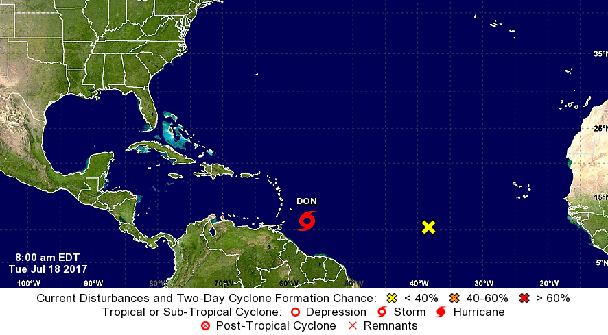 Tormenta tropical Don se debilita en su avance por el sureste del Caribe