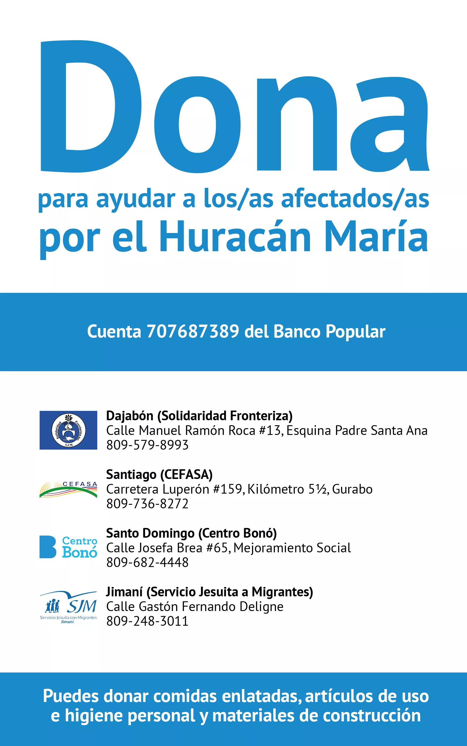 Llaman a la población a solidarizarse con las personas afectadas por huracán María