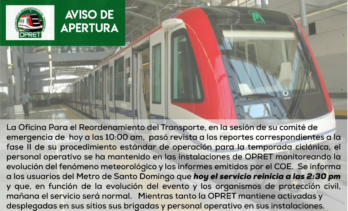 Metro de Santo Domingo reanudará servicio a las 2:30 de la tarde