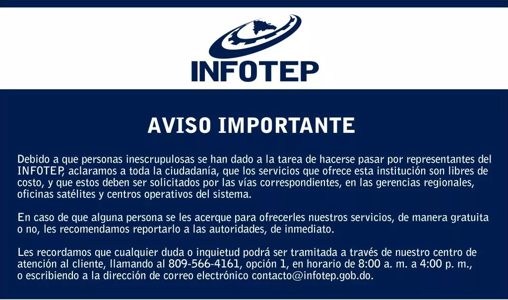 Infotep aclara servicios que ofrece son gratuitos, recomienda denunciar estafadores