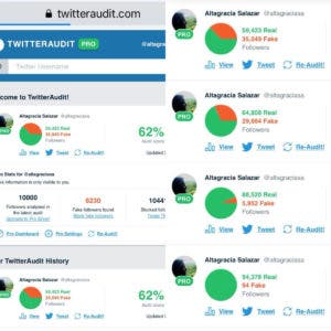 Informe realizado auditoría que reveló Twitter a la periodista Altagracia Salazar, donde le indica el porcentaje de seguidores reales y de los bots. 