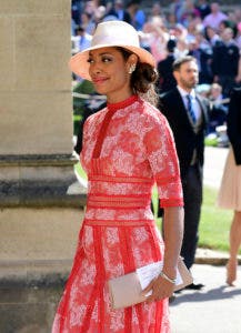 Gina Torres llega a la boda del príncipe Enrique y Meghan Markle en la capilla de San Jorge en el castillo de Windsor en Inglaterra el sábado 19 de mayo de 2018. (Ian West/pool photo via AP)