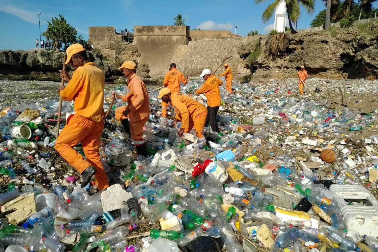 Realizan labores de limpieza para recoger toneladas de basura en Malecón de Santo Domingo