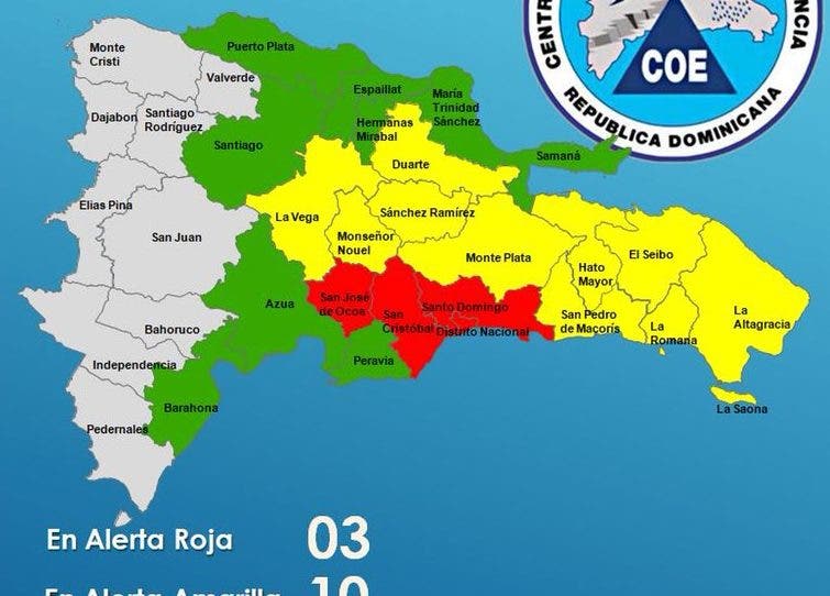 COE declara alerta roja para San Cristóbal, el Gran Santo Domingo y Ocoa