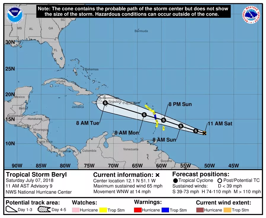 El huracán Beryl continúa su debilitamiento y se degrada a tormenta tropical