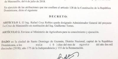 Danilo Medina designa a Rafael Cruz Robles administrador del Proyecto La Cruz de Manzanillo