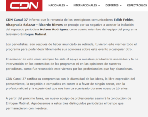 Comunicado emitido por CDN sobre la salida de tres periodistas.