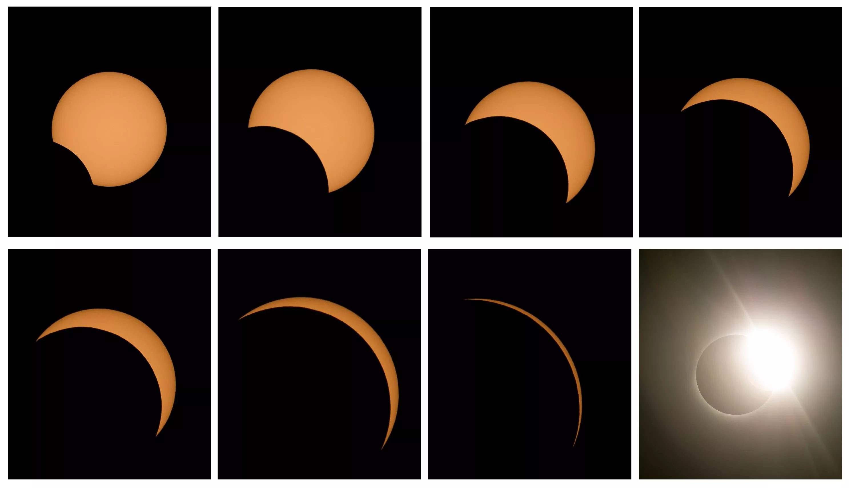 1. Estas fotografías muestran las diferentes fases del eclipse solar total este martes, desde el Observatorio de La Silla, situado en la región de Coquimbo (Chile). EFE/ Alberto Valdes