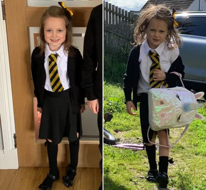 La foto del antes y el después de una niña en su primer día de clases que se volvió viral