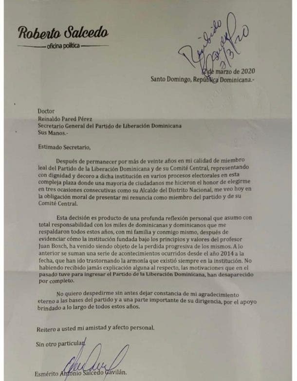 Roberto Salcedo carta renuncia