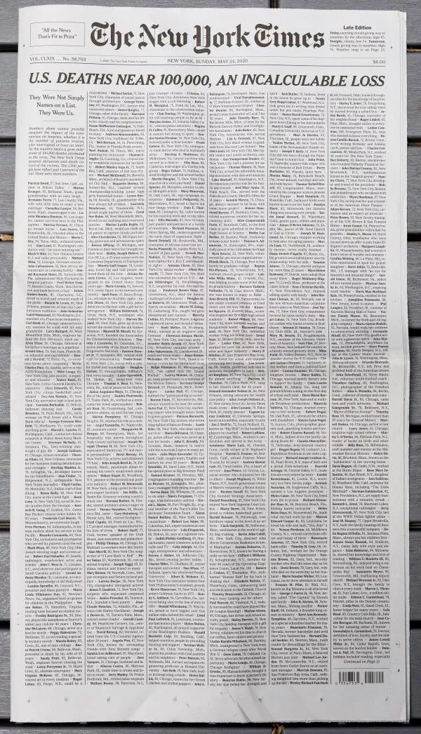 El New York Times llena su portada con 1.000 obituarios de fallecidos por el COVID-19