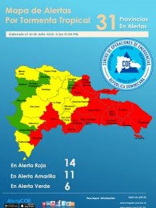 COE eleva a 14 provincias en alerta roja ante llegada de tormenta Isaías al país