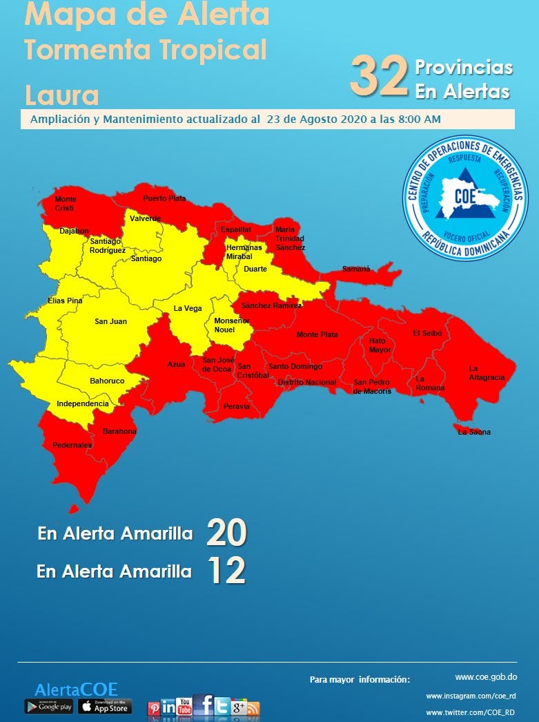 COE coloca 20 provincias en alerta roja ante paso de tormenta tropical Laura