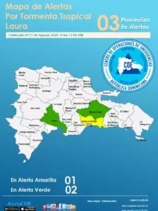 COE mantiene 1  provincia en alerta amarilla y dos en verde