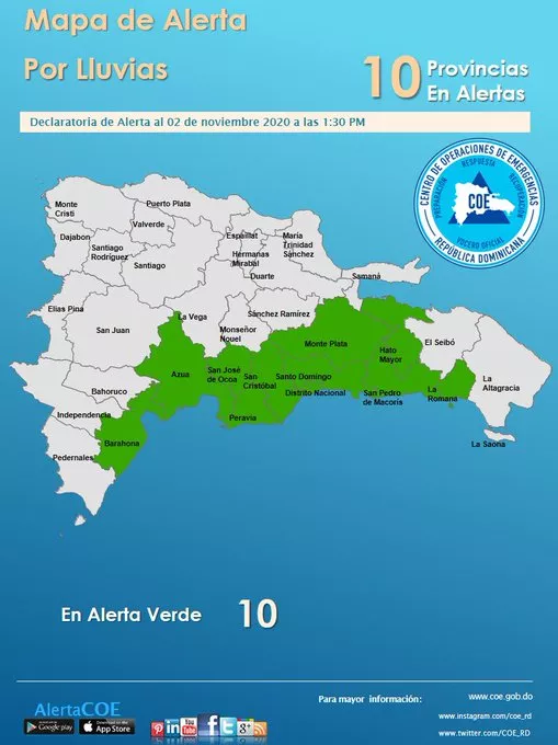 COE declara 10 provincias en alerta verde por inundaciones repentinas