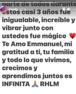 Publicación de Karol G en su historia de Instagram.