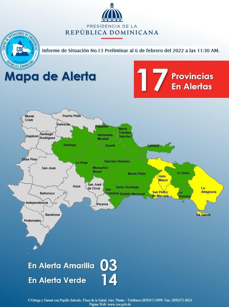 COE coloca 17 provincias en alerta por incidencia de vaguada en el territorio nacional
