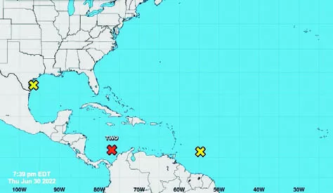 Mapa de la NOAA que muestra actividad en el Atlántico.