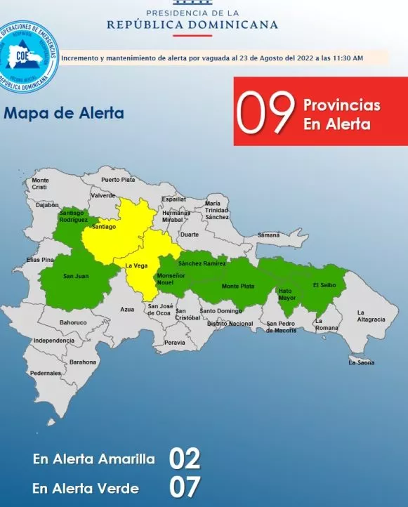 COE aumenta a nueve las provincias en alerta