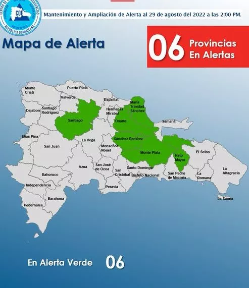 COE eleva a siete las provincias en alerta verde