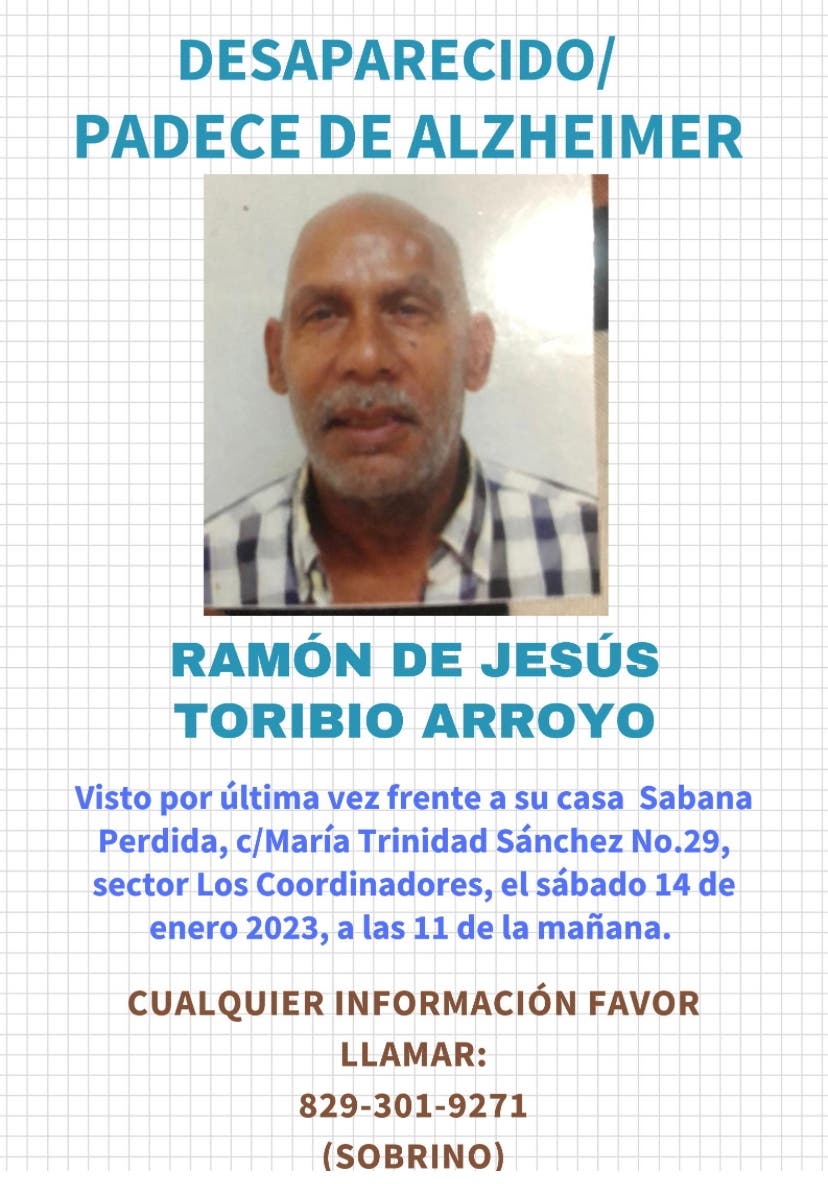 Reportan hombre desaparecido en Sabana Perdida; padece de Alzheimer
