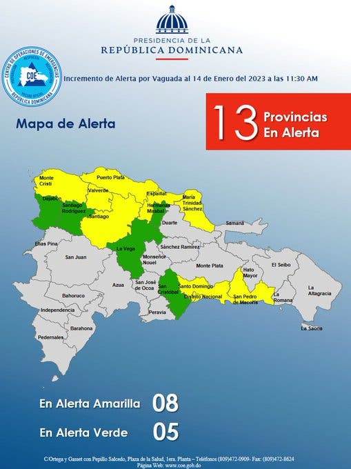 COE aumenta a 13 las provincias en alerta por lluvias; 8 están en amarilla