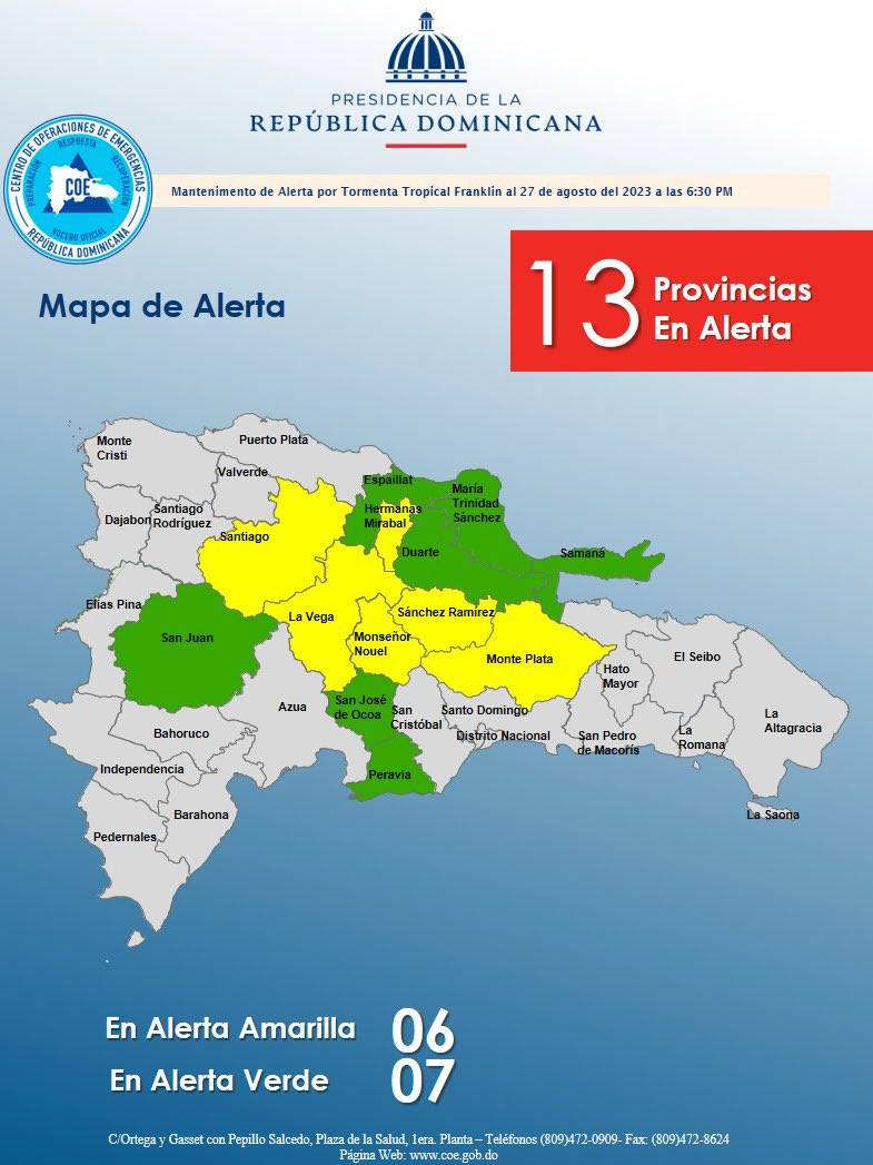 COE mantiene 6 provincias en alerta amarilla y 7 en verde por vaguada