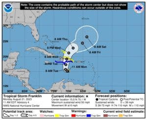 Tormenta Franklin disminuye velocidad de traslación y durará más tiempo en salir del país