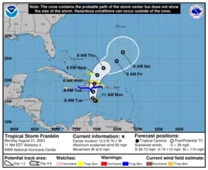 Tormenta Franklin disminuye velocidad de traslación y durará más tiempo en salir del país