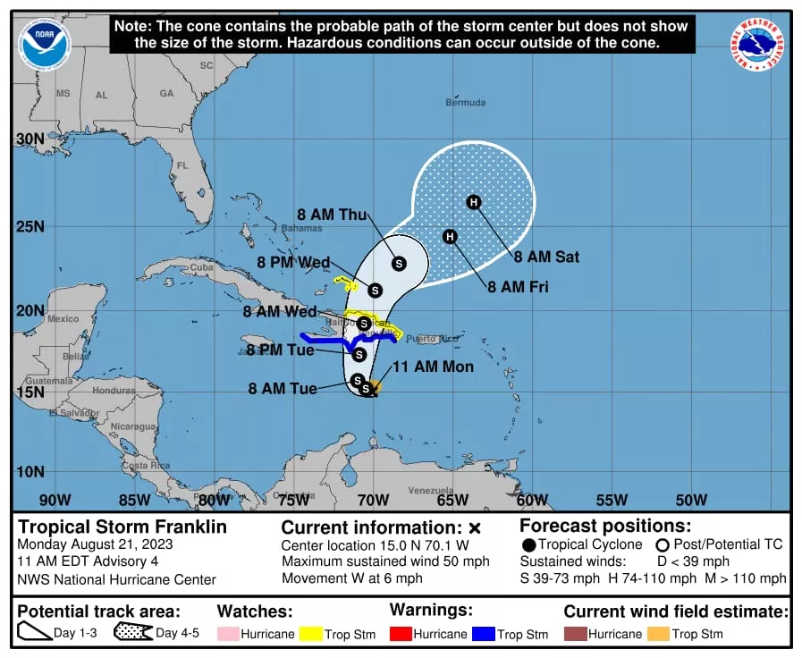 Tormenta Franklin disminuye velocidad de traslación y durará más tiempo en salir del país