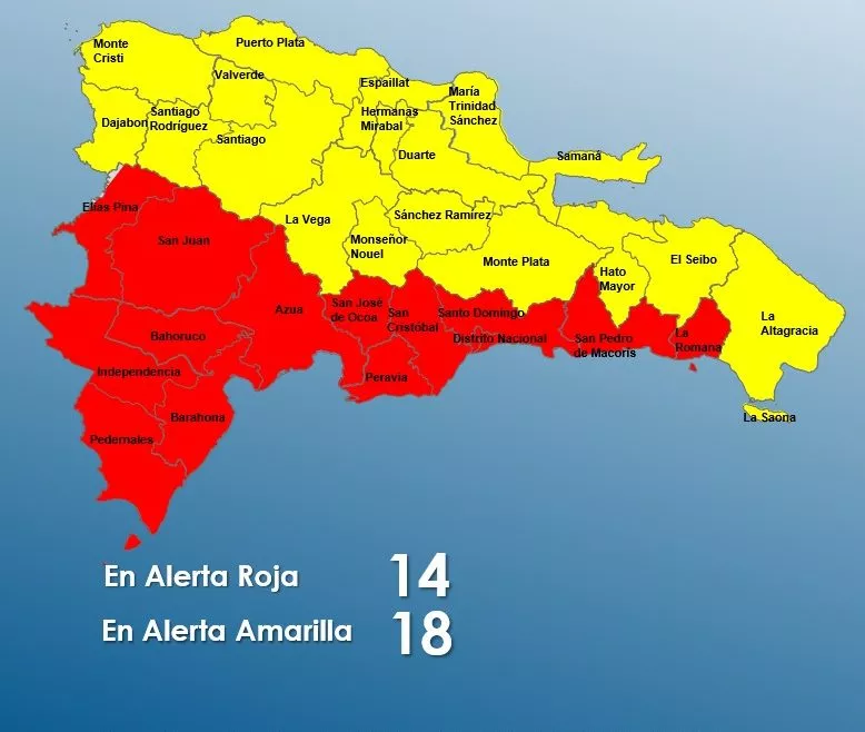 COE mantiene 14 provincias en alerta roja y 18 en amarilla