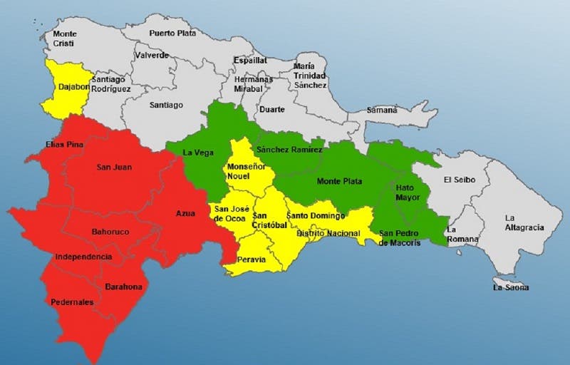 COE emite alerta roja para 7 provincias; hay 12  en verde y amarilla