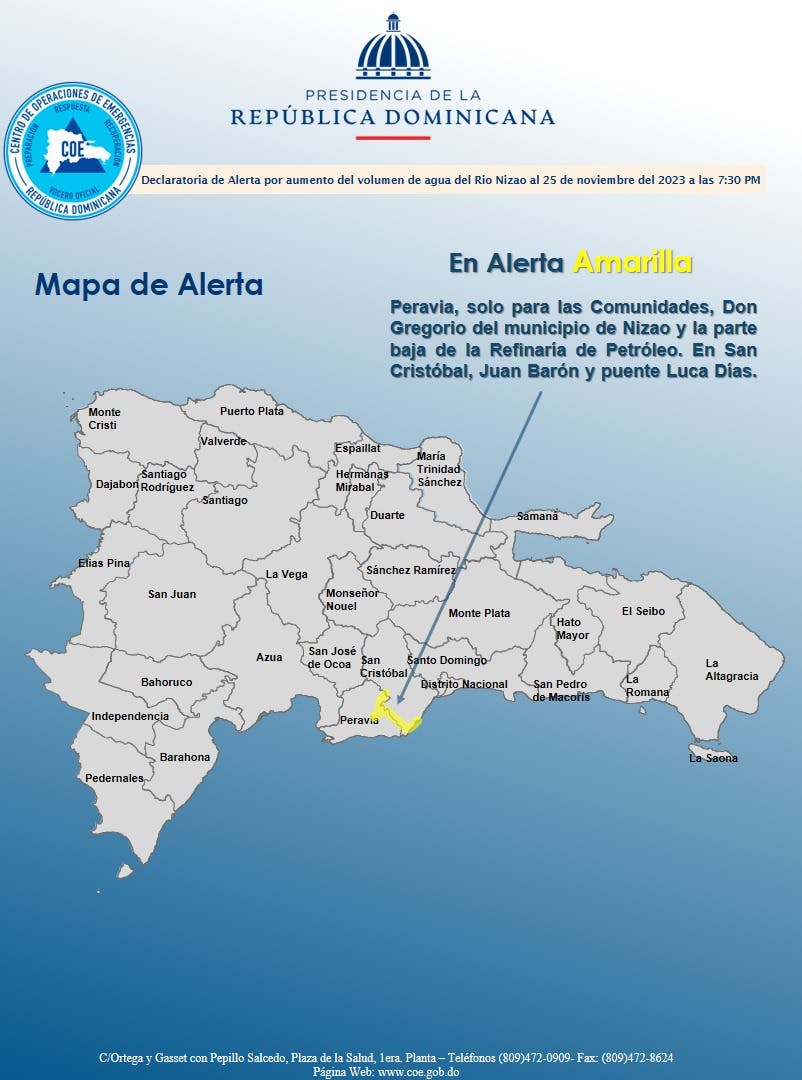 COE declara alerta amarilla para Peravia y San Cristóbal por aumento de agua del río Nizao