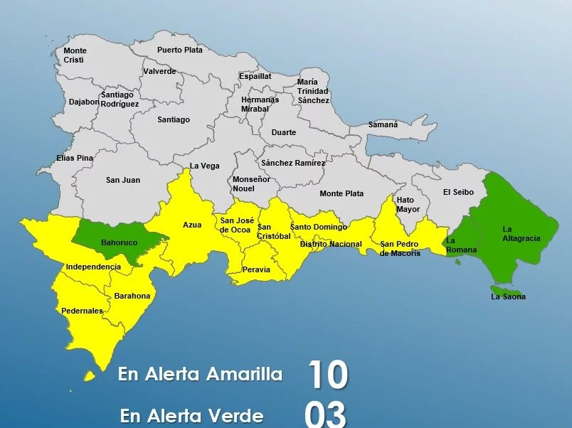 COE sube a 10 las provincias en alerta amarilla y mantiene tres en verde