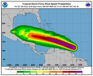 Beryl amenaza a RD con fuertes aguaceros y vientos intensos desde mañana