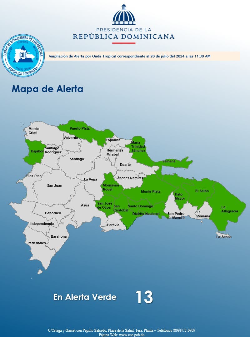 COE eleva a 13 las provincias en alerta