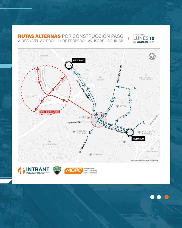 Rutas alternas por construcción de paso a desnivel en Avenida 27 de Febrero con Isabel Aguiar