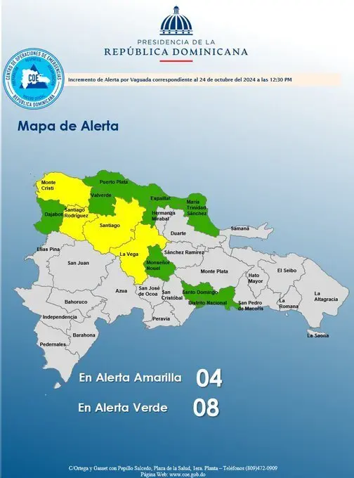 COE coloca 4 provincias en alerta amarilla y 7 en verde por vaguada y onda tropical