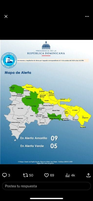 COE aumento a 9 provincias en alerta amarilla y 4 en alerta verde