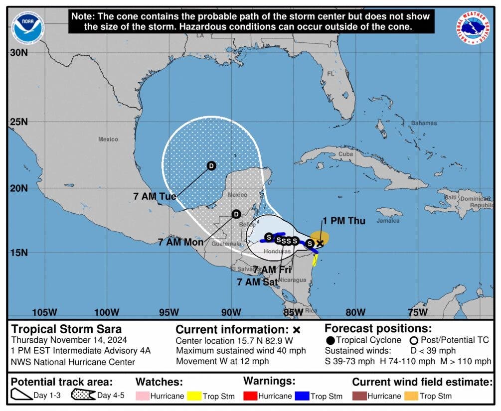 La tormenta tropical Sara se forma cerca del sureste de México y Centroamérica