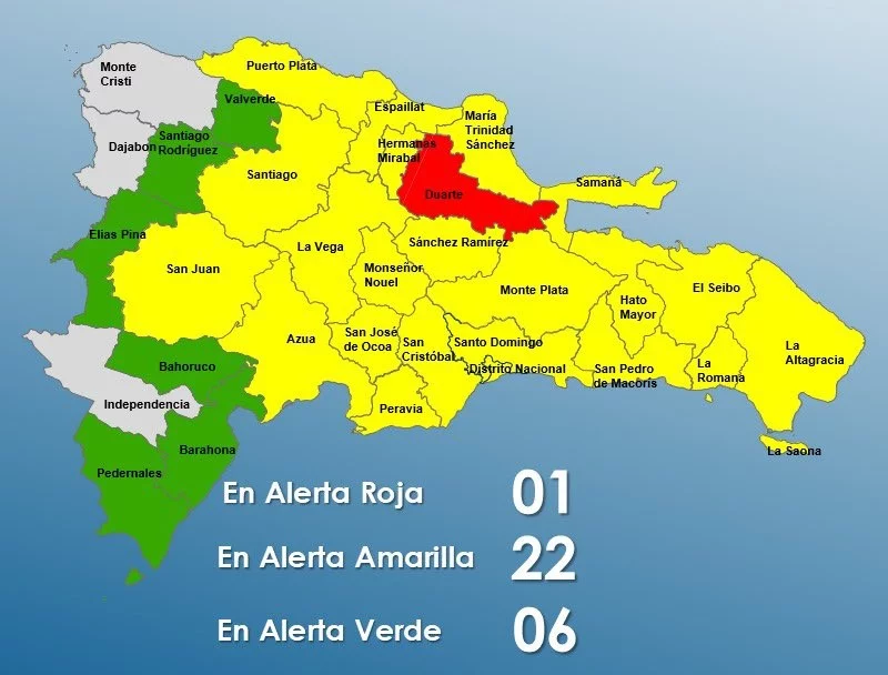 COE coloca 1 provincia en alerta roja, 22 en amarilla y 6 en verde por onda tropical y vaguada