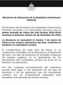 Comunicado publicado por el Ministerio de Educación en la página 9 de la edición impresa del 3 de diciembre del 2024 del periódico El Dia.